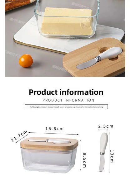 Transparent Glass Butter Dish with Bamboo Lid And Knife Ceramic Sealed Jar Cheese Preservation Refrigerator Simple Design