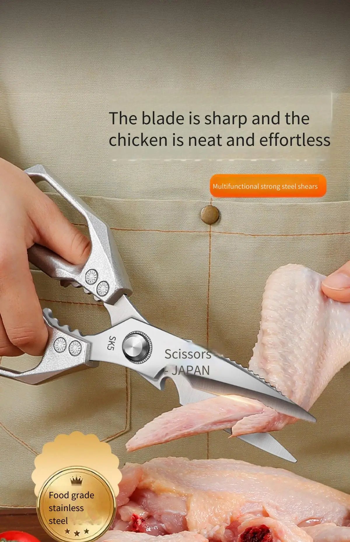 Stainless Steel Heavy-Duty Kitchen Scissors – Multi-Functional Bone Cutter for Chicken, Fish, Meat, Fruits & Vegetables