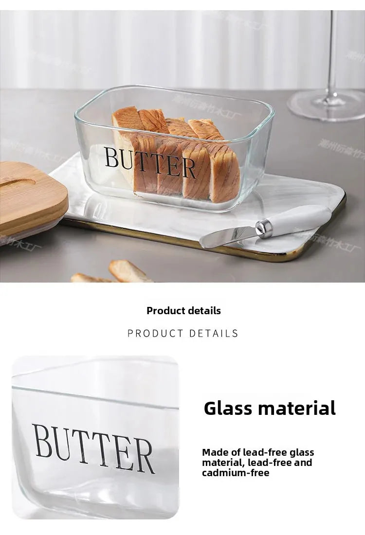 Transparent Glass Butter Dish with Bamboo Lid And Knife Ceramic Sealed Jar Cheese Preservation Refrigerator Simple Design