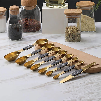 Magnetic Stainless Steel Gold Measuring Spoons Set – Dual-Sided, Stackable, 8-Piece Precision Spoon Set for Cooking & Baking