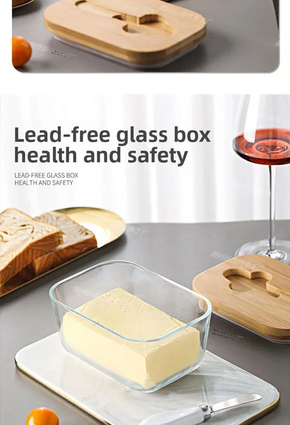 Transparent Glass Butter Dish with Bamboo Lid And Knife Ceramic Sealed Jar Cheese Preservation Refrigerator Simple Design