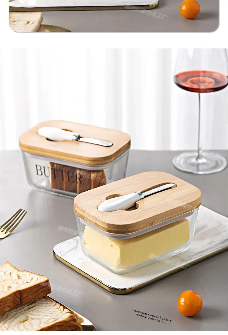 Transparent Glass Butter Dish with Bamboo Lid And Knife Ceramic Sealed Jar Cheese Preservation Refrigerator Simple Design