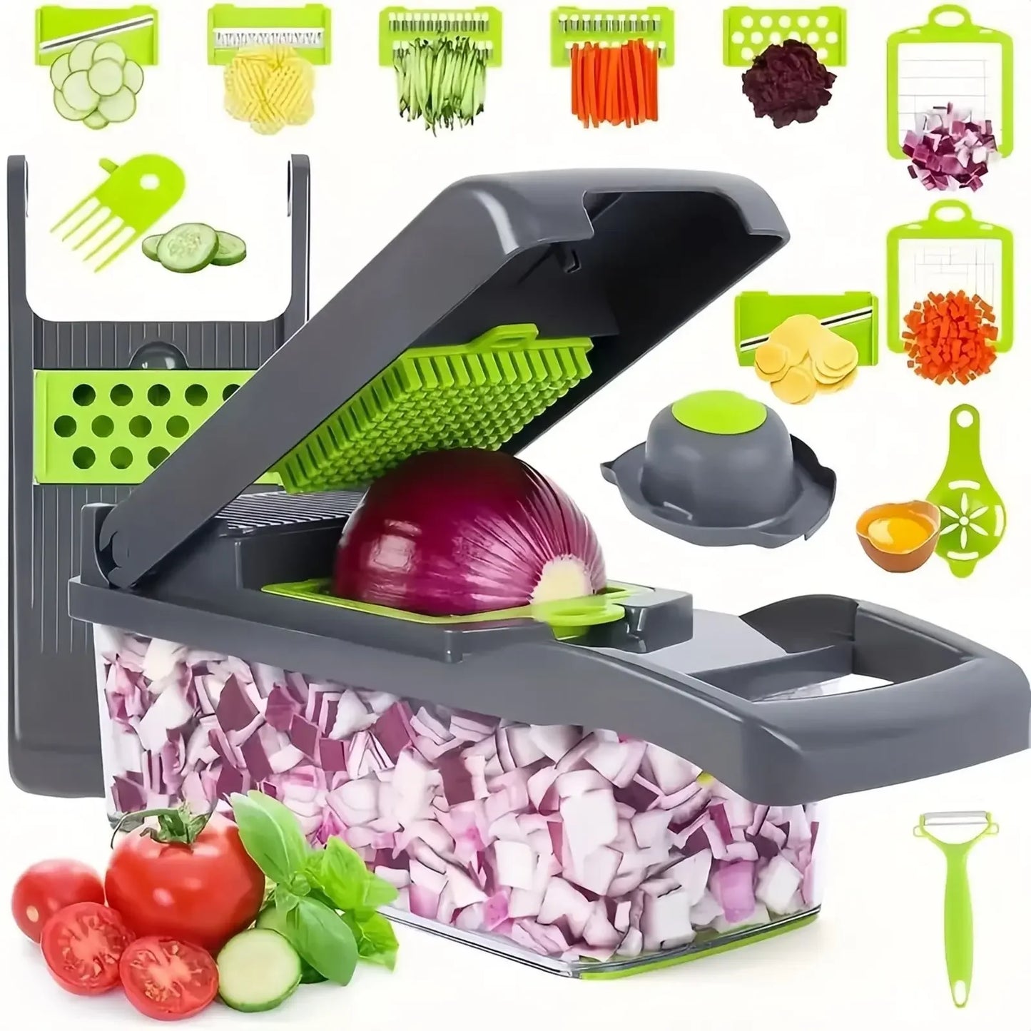 14/16-in-1 Multifunction Vegetable Cutter, Chopper &amp; Dicer – Complete Food Prep System with Storage Container