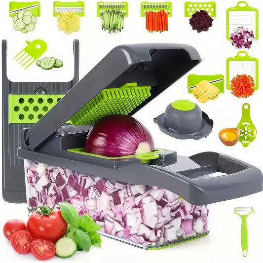14/16-in-1 Multifunction Vegetable Cutter, Chopper &amp; Dicer – Complete Food Prep System with Storage Container