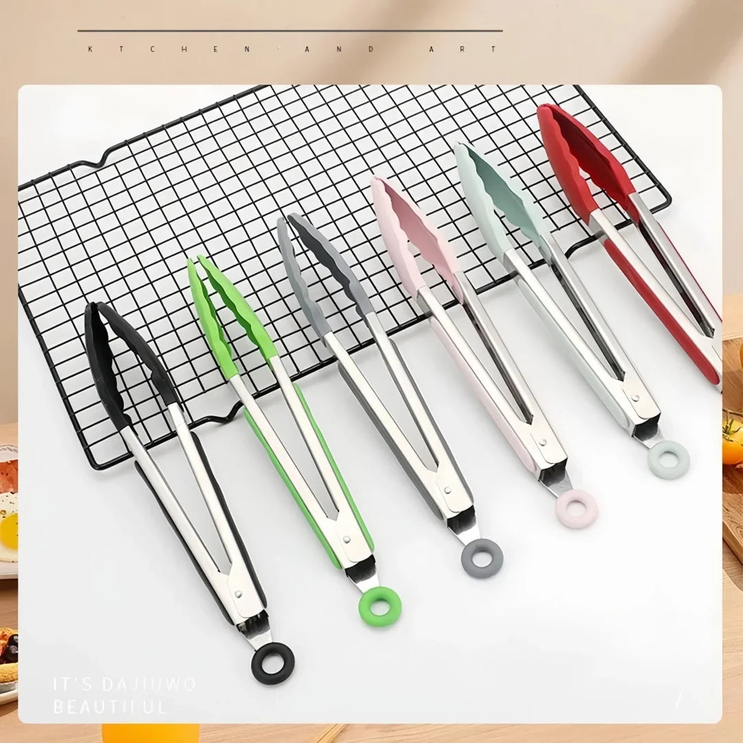 Anti-Slip Stainless Steel Cooking & Serving Tongs – Heat-Resistant Silicone Food Clip for Kitchen & BBQ