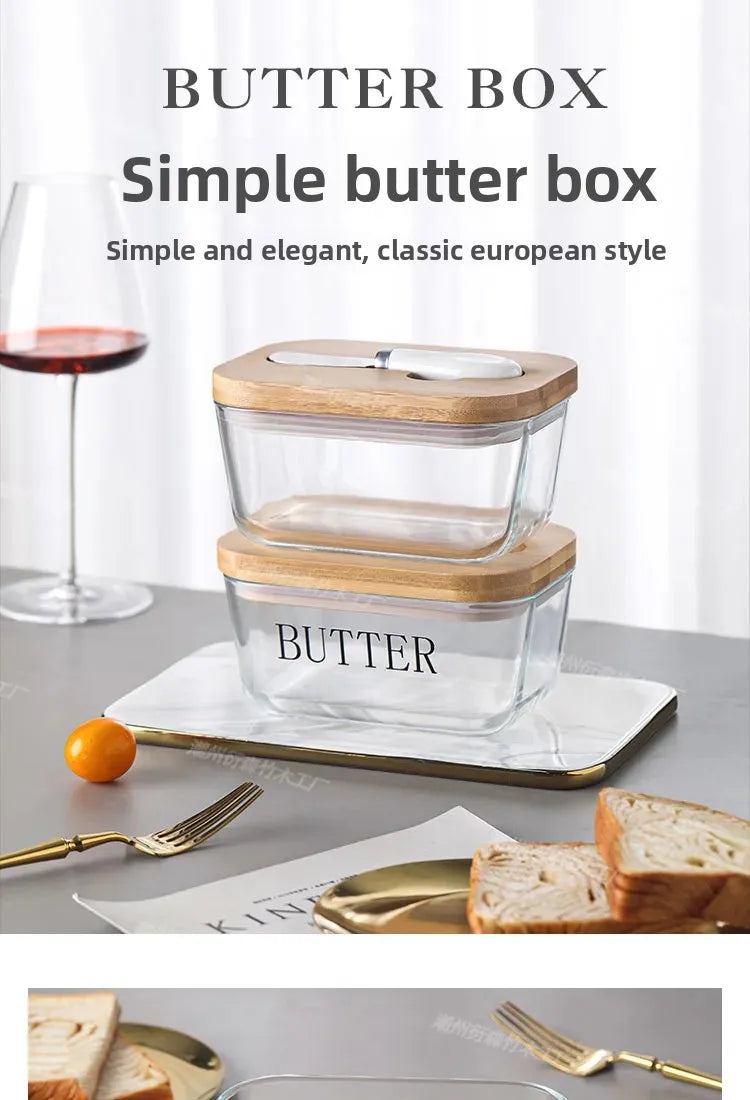 Transparent Glass Butter Dish with Bamboo Lid And Knife Ceramic Sealed Jar Cheese Preservation Refrigerator Simple Design