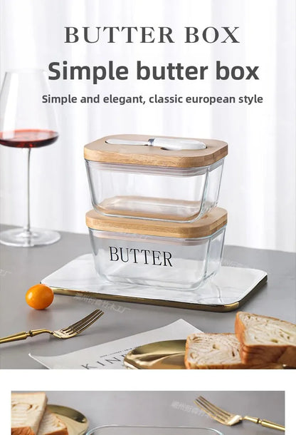 Transparent Glass Butter Dish with Bamboo Lid And Knife Ceramic Sealed Jar Cheese Preservation Refrigerator Simple Design