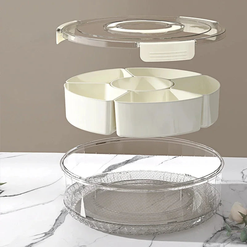 Rotatable Divided Snack & Fruit Tray with Lid – Modern Handheld Food Storage Display Box for Home & Living Room