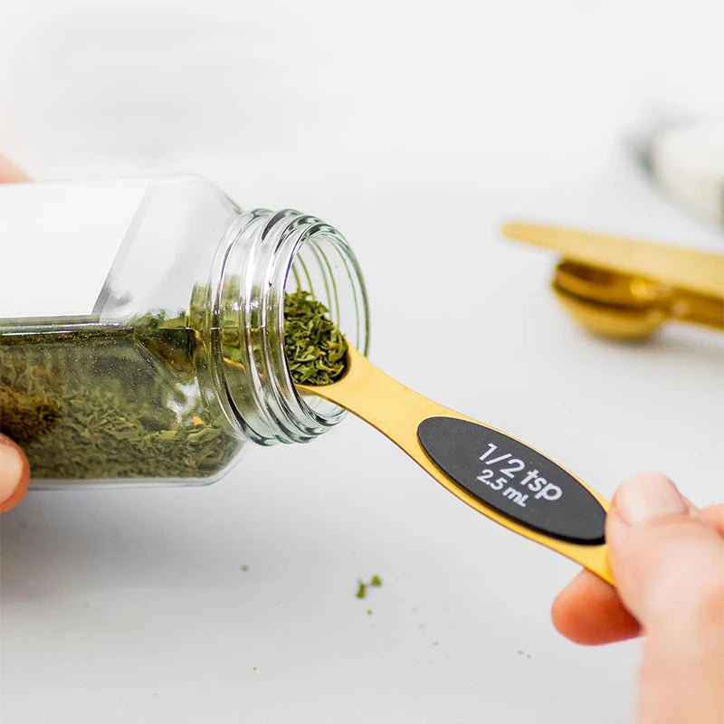 Magnetic Stainless Steel Gold Measuring Spoons Set – Dual-Sided, Stackable, 8-Piece Precision Spoon Set for Cooking & Baking